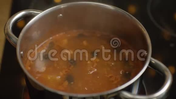 在炉子上的锅中煮着美味的俄罗斯传统汤库存录像俄罗斯苏卡汤视频的预览图