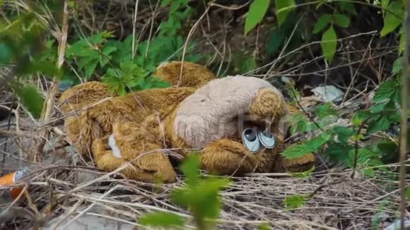 孩子们玩具被扔在垃圾填埋场里绿草围绕着一个不必要的大熊雕像泰迪熊被遗弃了视频的预览图