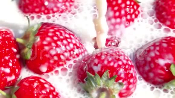 牛奶里的草莓慢动作视频的预览图