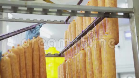 一个员工一个屠夫把新鲜的新鲜香肠挂在架子上以便在烤箱里进一步燃烧视频的预览图