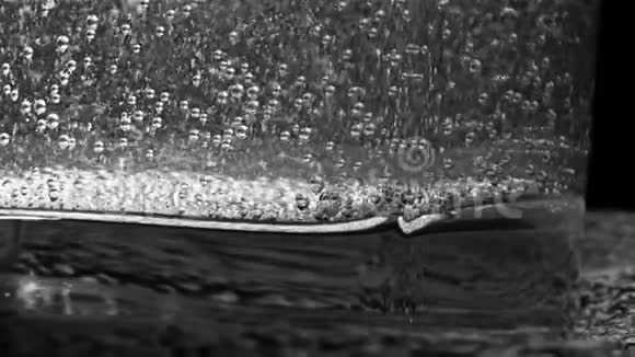 特写小泡泡浮在玻璃里面充满了闪闪发光的水背景很黑单色视频的预览图