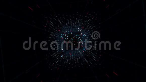 霓虹灯隧道五颜六色的闪光颗粒流动画带有三维霓虹灯条纹的方形网络空间隧道视频的预览图