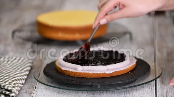 用新鲜蓝莓制作和装饰糕点蛋糕用糖果注射器装饰奶油食品工业视频的预览图