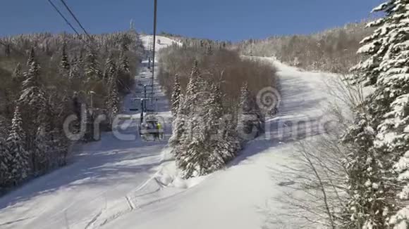 从滑雪斜坡的椅子升降台上可以看到覆盖着雪的树木视频的预览图