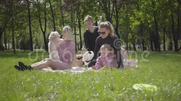 肖像不错的家庭户外娱乐两位美丽的年轻母亲和他们的孩子在公园野餐一个男孩视频的预览图