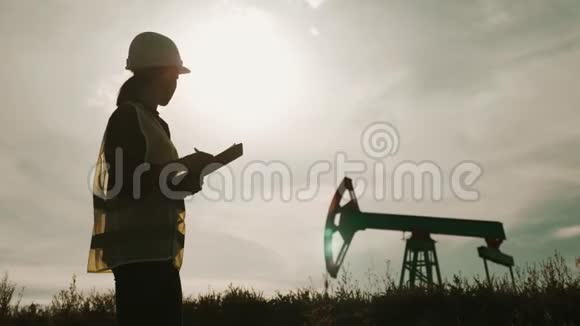 剪影女工程师在油田剪贴板上写作女性戴白色安全帽穿工作服工业视频的预览图