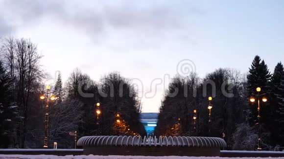 用灯笼欣赏被雪覆盖的冬季公园概念有喷泉和灯笼的冬雪覆盖的公园视频的预览图