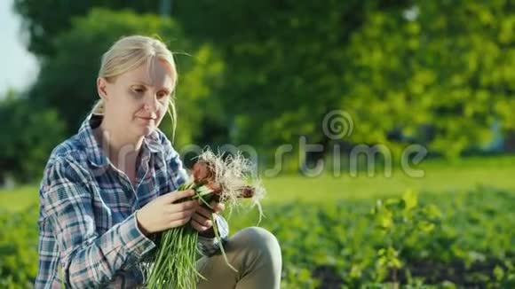拿着刚从花园里摘下来的新鲜洋葱的女人视频的预览图