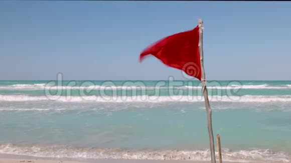 红旗在沙滩上迎风飘扬提醒人们不要游泳视频的预览图