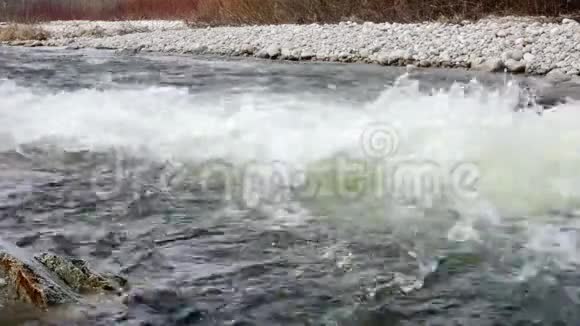 在阳光明媚的春天里河流水流上的白色波浪特写视频的预览图