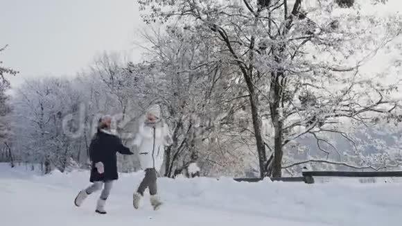 妈妈带着女儿在下雪的路上跑步视频的预览图