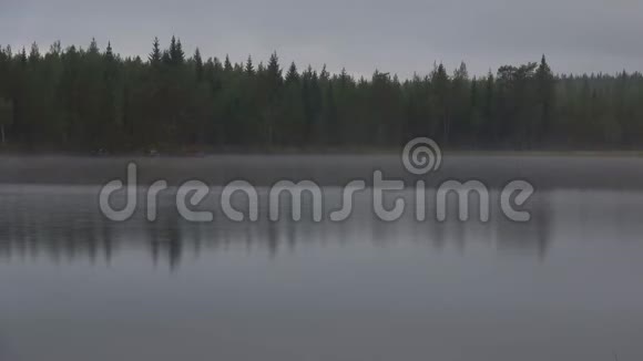雾在森林湖上八月的早晨时间流逝卡丽利亚视频的预览图