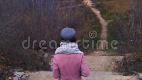 从后面的女人走在一条小路上穿着粉红色的外套灰色的贝雷帽和围巾在秋天阴天库存数据视频的预览图