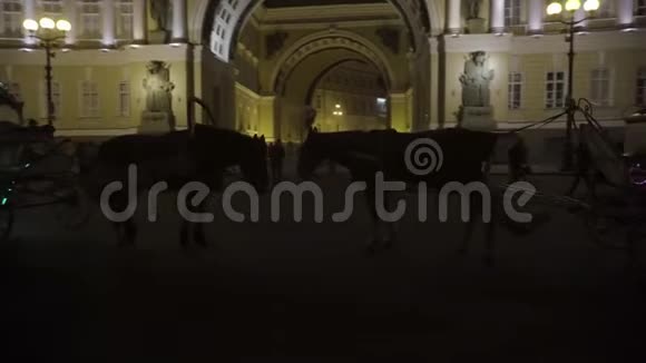 晚上在历史建筑的背景下与马结婚旅途骑马和马车在前面视频的预览图