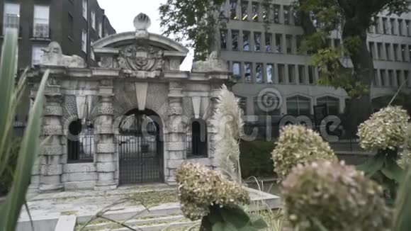 在英国伦敦灰色建筑附近的哥特式石门与铁拱行动美丽的老人视频的预览图