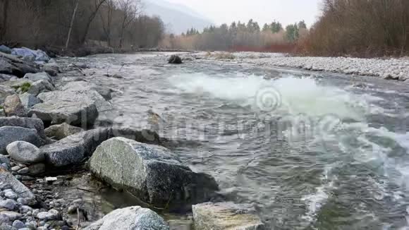 春天在野河上流淌的白浪前景是大石头彼岸是小石头视频的预览图
