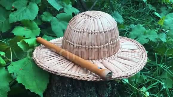 绿园草帽木笛近景木制原木上躺着的音乐乐器视频的预览图