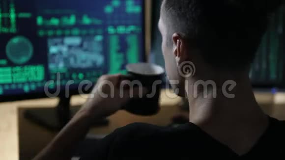 哈克在电脑上工作在黑暗的办公室里喝茶视频的预览图