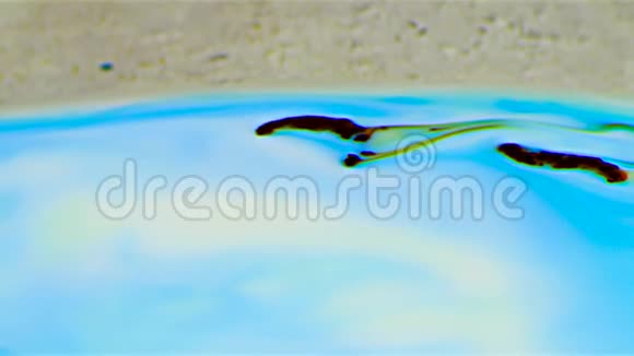 白色液体上的彩虹色漆库存录像白色液体上的蓝色油漆漂亮地倒入视频的预览图