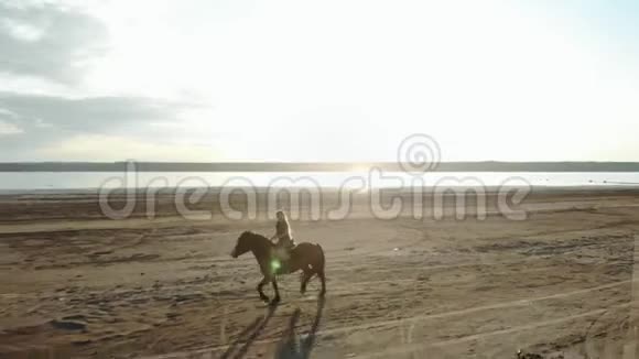 女人骑着马在美丽的秋天自然景观上河边无人机视频的预览图