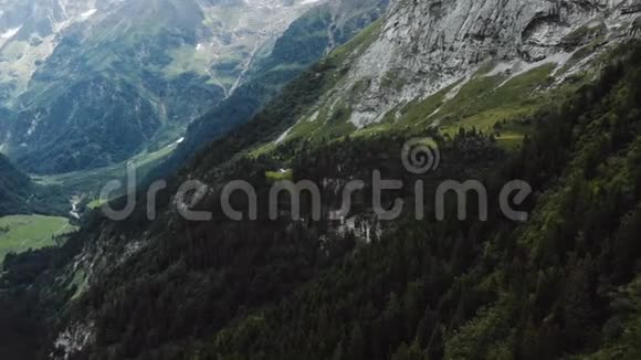 雄蜂翻过美丽的绿色森林山景展现瑞士阿尔卑斯山壮丽的岩石河流视频的预览图