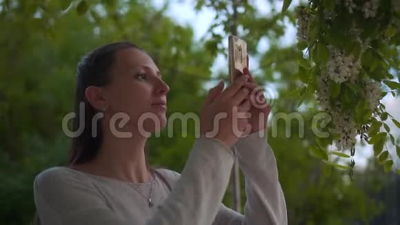 一个女人在公园的电话里拍照一个开花的白相思女人和公园里盛开的白树视频的预览图