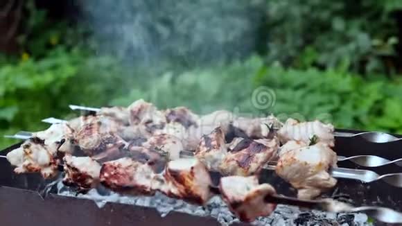 把新鲜肉串放在木炭烤架上在夏季野餐时准备烧烤肉视频的预览图