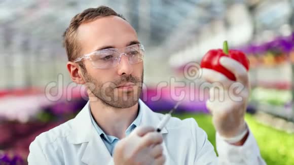 男性化验师用注射器注射红辣椒溶液进行生化检测视频的预览图