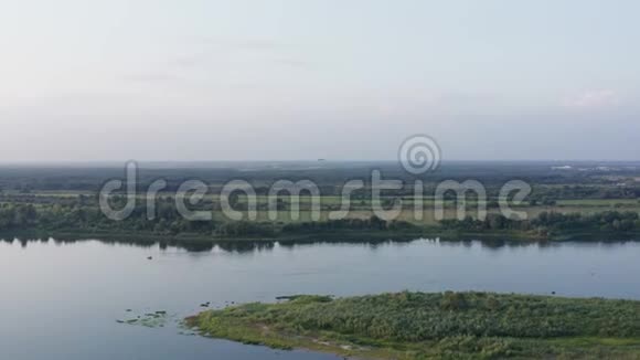 空中景观绿地和河岸森林空中滑翔伞在天际线上飞过河水视频的预览图