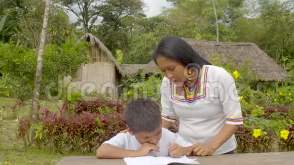 年轻的土著妇女帮助男孩做家庭作业视频的预览图