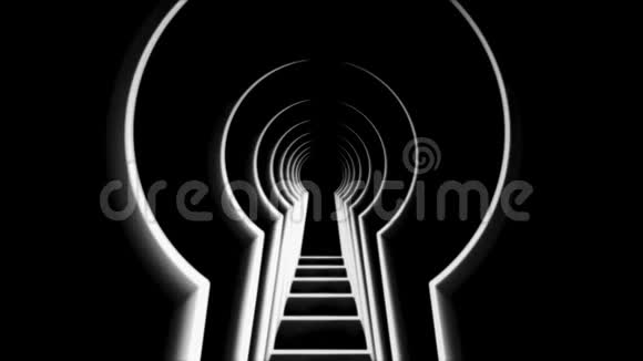 新生儿钥匙孔动画美丽的霓虹灯白色隧道形状的钥匙孔在黑色的背景钥匙孔动画视频的预览图