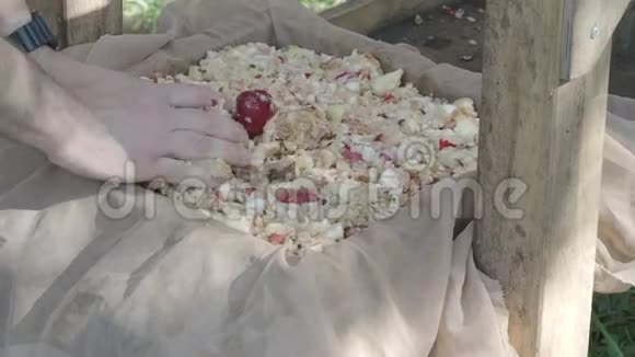 把压碎的新鲜苹果放在木榨的盘子里然后再挤视频的预览图