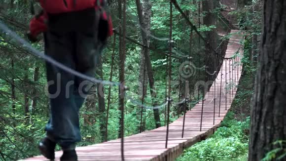 后景一人站在绿色夏林中的一座挂木桥上库存录像一个徒步旅行者视频的预览图