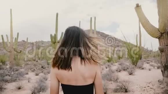 慢镜头跟随年轻美丽的当地女人头发随风飘动在美国仙人掌沙漠公园散步视频的预览图