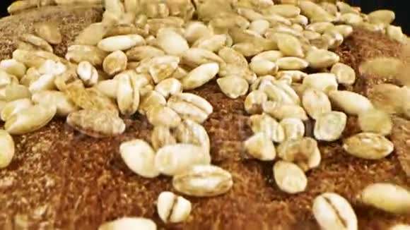 在面包店里黑麦谷物的特写落在棕色面包上库存录像美味的糕点概念视频的预览图