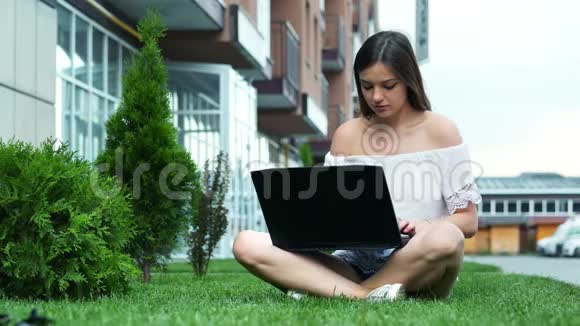 年轻漂亮的女商人在酒店附近的草地上用笔记本电脑打字女商人在公园里用笔记本电脑视频的预览图
