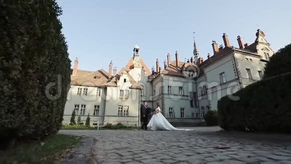 已婚夫妇走在公园里牵着他们的手结婚礼服绿树和一栋建筑在视频的预览图