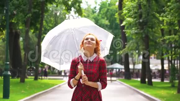 积极的女孩在阳光公园打伞视频的预览图