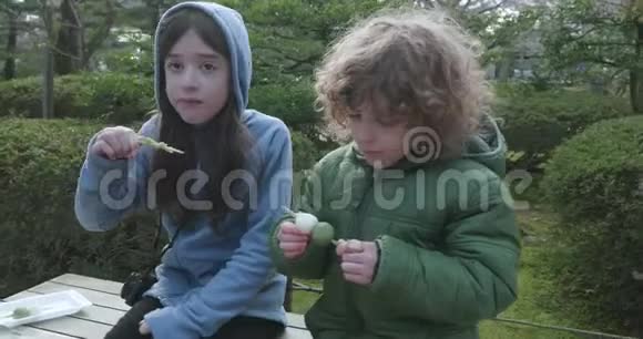 两个孩子在公园的木棍上享用日本的米球小吃或者芒果视频的预览图