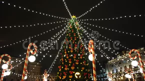 从底部看美丽的圣诞树五颜六色的装饰和白色灯光的花环视频的预览图