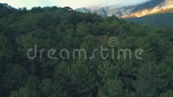 年在碧云密布的天空中高耸的悬崖边上绿树成荫的群山鸟瞰着美丽的景色视频的预览图