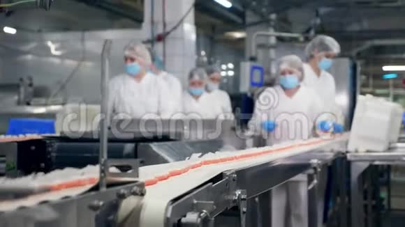 有女食品厂工人取代蟹棒的工厂单位视频的预览图