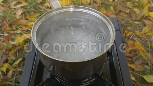 在露营的煤气炉上水壶里的水沸腾了黄叶背景下秋天视频的预览图