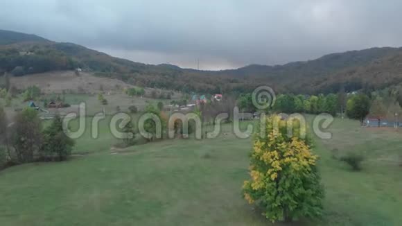 鸟瞰风电场丘陵地区有很多绿色植物前景是一个村庄视频的预览图