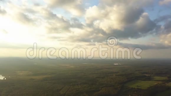 空中全景的生动景观与田野森林和美丽明亮的蓝天白云股票视频的预览图