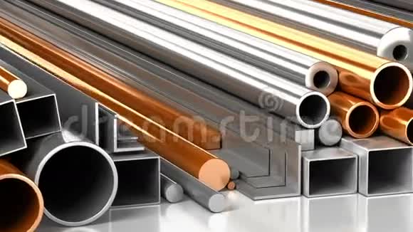 一套长方形圆形方形钢管和铜管以及不同的金属建筑材料工业循环动画视频的预览图