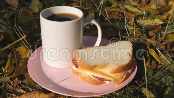 早晨的咖啡和三明治与香肠和奶酪在秋天的自然野餐视频的预览图