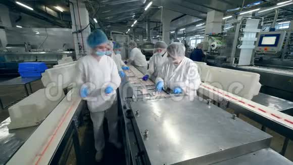 工厂单位有工人包装蟹棒工厂工人穿着防护服包装食品视频的预览图
