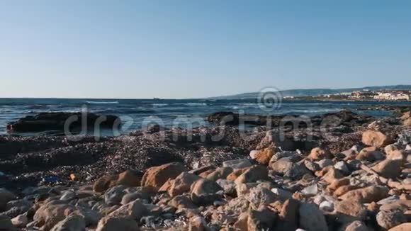海水冲刷的海藻带藻的岩石海滩鸟瞰图带藻的岩石海洋上有海藻的卵石海滩视频的预览图