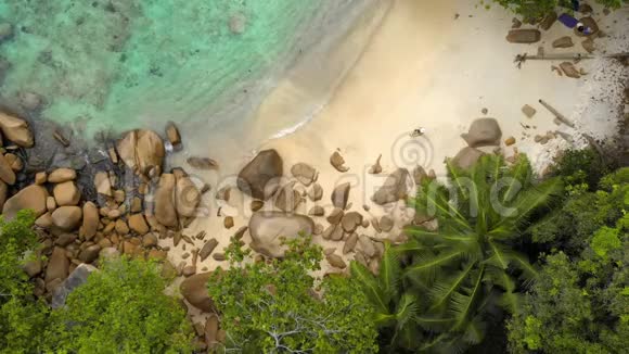 全景无人机俯瞰普拉斯林岛鸟瞰全景热带岛屿与水晶清水普拉斯林视频的预览图
